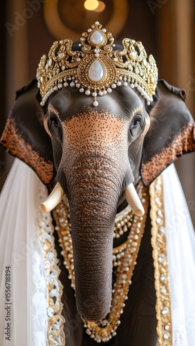 Majestic elephant in lace dress and crown adorned with crystal amulet in baroque style