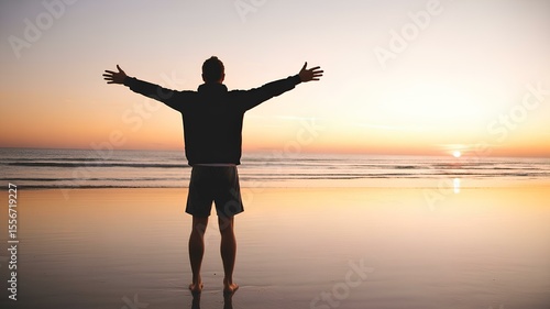 Silhouette rewirement man with open arms enjoying golden sunrise beach serenity rewirement