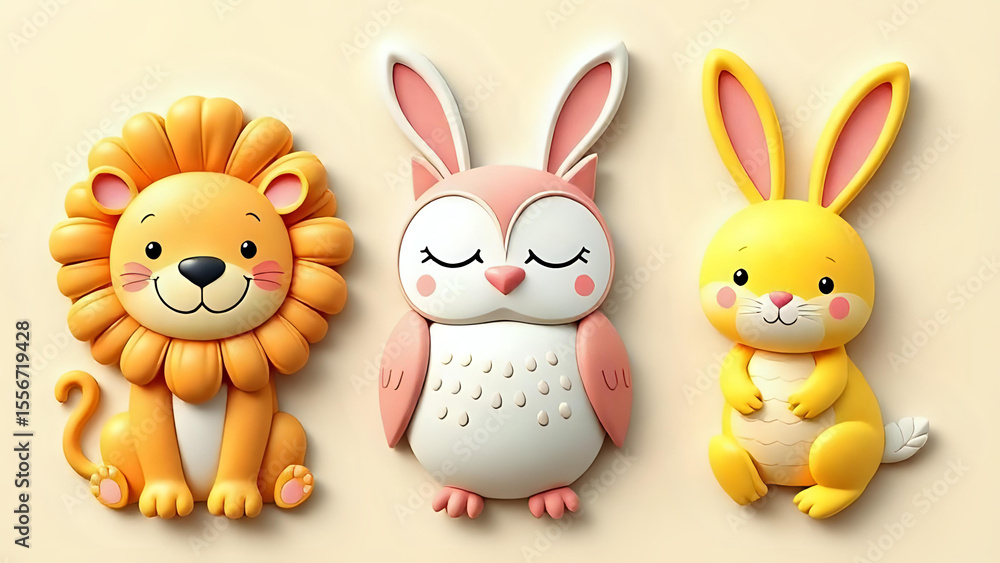 Obraz premium Cute 3D Embossed Animals 3D embossed clipart of playful animals (like a smiling lion, a sleepy owl, or a hopping bunny) with raised textures.KIDS ROOM WALLPAPER 