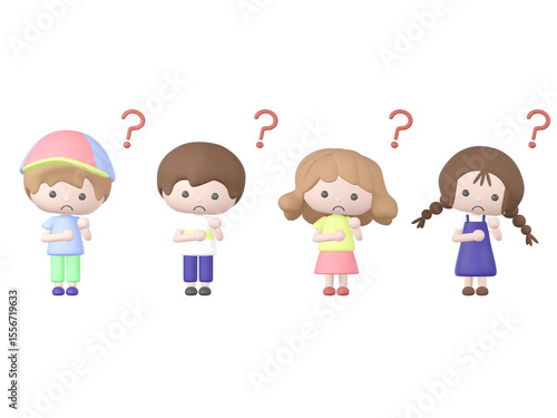3Dのはてなマークと子どもたちのイラストセット