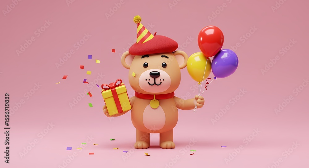 Naklejka premium Cartoon bear character with gift and balloons