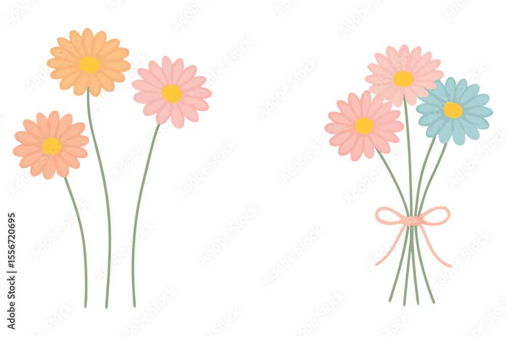 Obraz premium Elegant Pastel Gerbera Flowers in Pink, Orange, and Blue with Delicate Ribbon Tying the Bouquet
