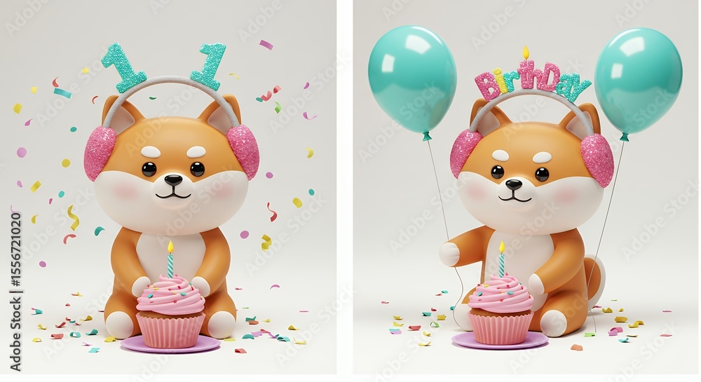 Cute dog wearing headphones with cake and balloons happy cartoon animal image