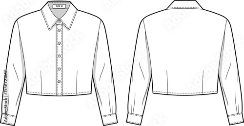 Women's cropped shirt with long sleeves, front button placket, collar detail, technical flat sketch, fashion vector drawing, apparel design