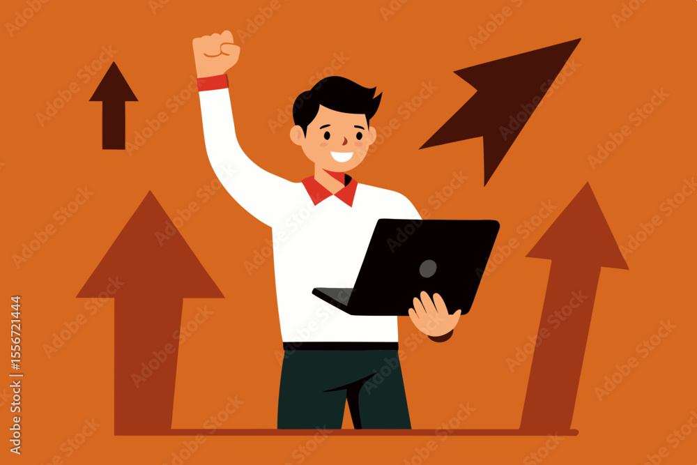 Young Man Celebrating Business Success with Laptop and Growth Arrows Young Man Celebrating Business Success with Laptop and Growth Arrows