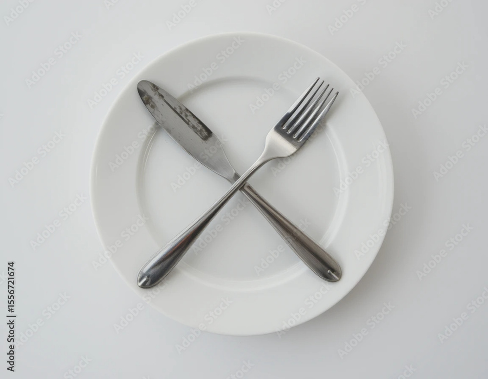 A plain white ceramic plate with stainless steel fork and knife crossed neatly on it, on a white background. A plain white ceramic plate with stainless steel fork and knife crossed neatly on it, on a white background.