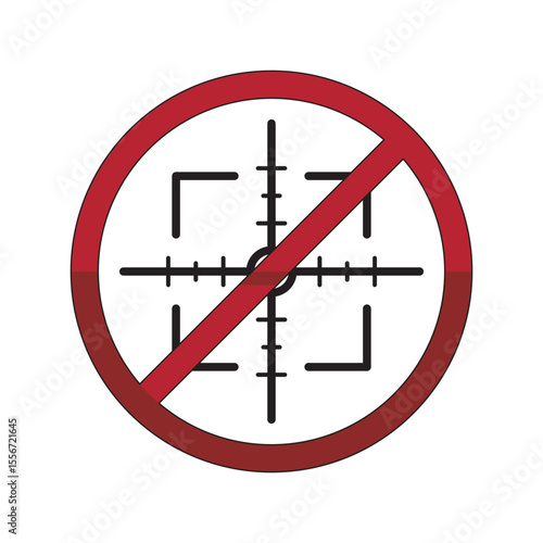 Anti-targeting icon with modern crosshair symbol inside a red prohibition circle, representing surveillance, aiming, or shooting restrictions and safety zones.