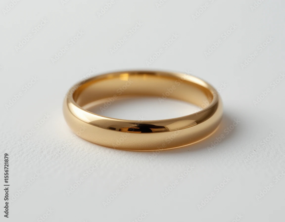 A single golden wedding ring lying flat on a bright white background A single golden wedding ring lying flat on a bright white background