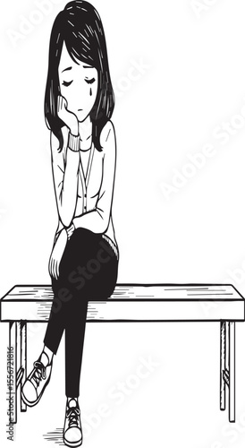 Sad manga style girl sitting alone on a bench