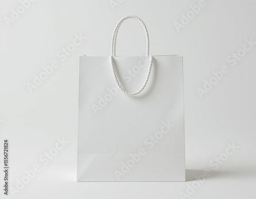 A plain white shopping bag with rope handles standing upright on a spotless white background.