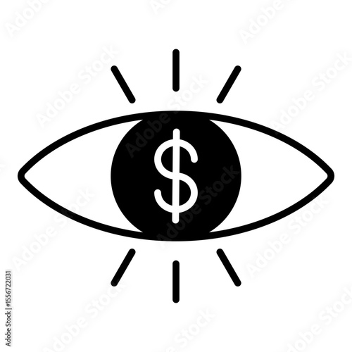 Visibility and profit goal concept illustrated with a simple, solid and modern style icon of an eye with a dollar sign pupil