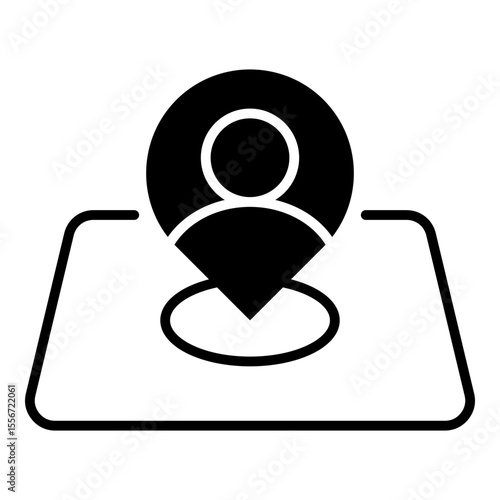 Placement solid glyph style icon for GPS navigation and mapping applications. A modern pictogram representing a person's position or destination