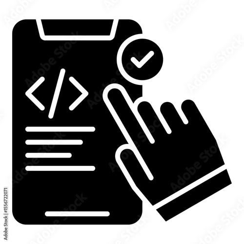 Usability solid glyph style icon illustrating successful code validation and testing on a smartphone screen