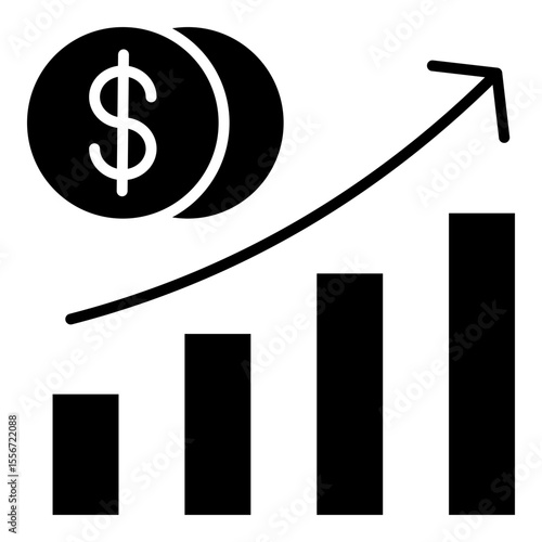 A solid style icon representing sales with a bar chart and upward arrow, symbolizing profit, investment return, and economic increase