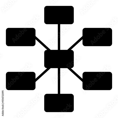 Solid style icon representing a network hub and spoke model, illustrating connectivity, organization, and a centralized system