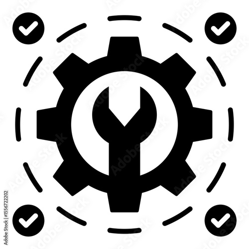 A solid style icon illustrating optimization, system maintenance, and successful configuration with a central gear and wrench symbol