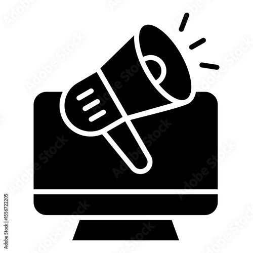 An online announcement and digital advertising solid style icon, featuring a megaphone emerging from a computer display
