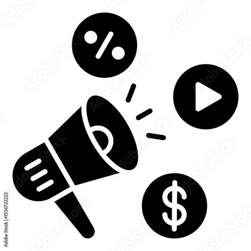 Promotion solid style icon with symbols for promotion, sales, and video content