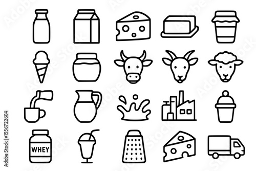 Dairy & Milk Products Line Icons: Food, Cheese & Beverage Vector Set