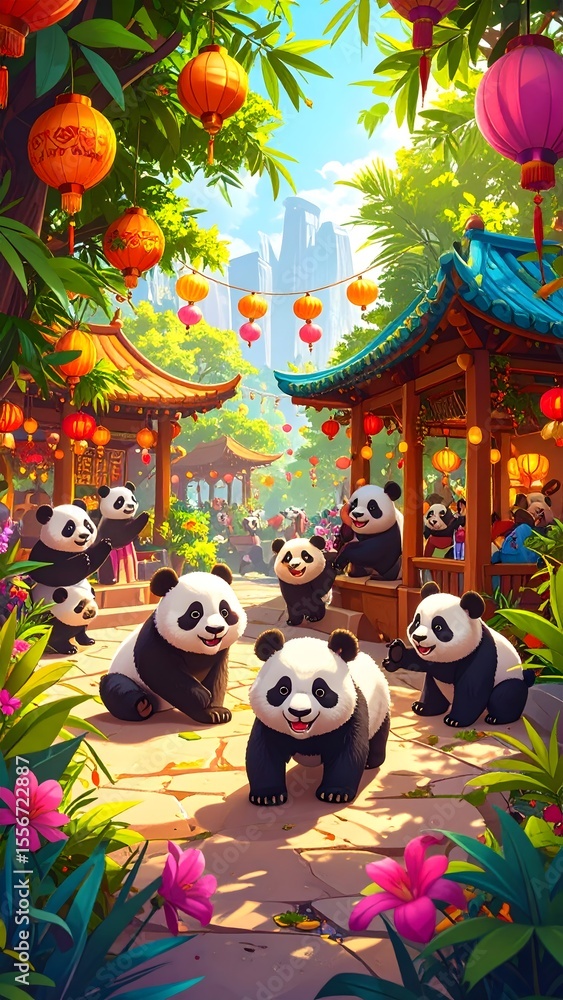 Naklejka premium Joyful group of pandas enjoying time together in a colorful park illustrated in cartoon