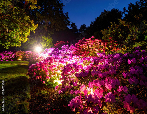 Fototapeta Naklejka Na Ścianę i Meble -  Vibrant pink and purple flowers blooming at night, illuminated by bright lights, create magical garden scene filled with color and beauty. atmosphere is enchanting and serene