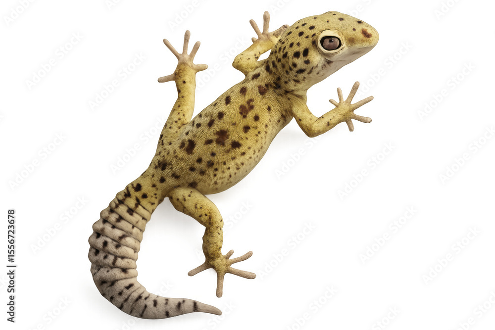 Naklejka premium Leopard gecko climbing on a transparent background, showcasing its unique spotted pattern and agile movements