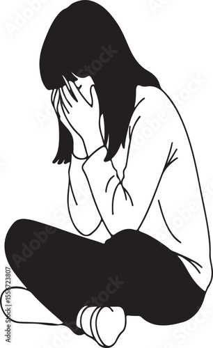 Sad young woman covering face while sitting cross-legged, on white background