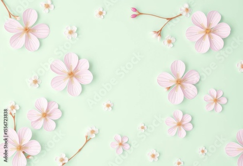 Delicate white ditsy floral pattern on pastel mint green background , design, bloom