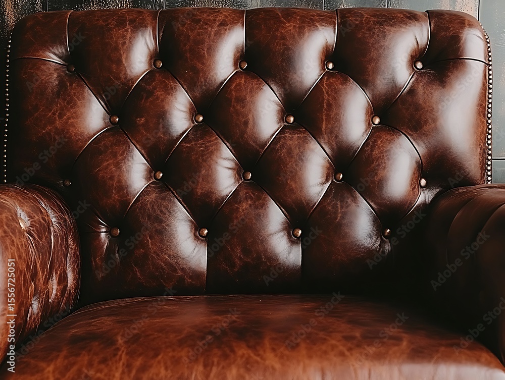 Rich brown leather upholstery, button tufting, creating elegant furniture Rich brown leather upholstery, button tufting, creating elegant furniture