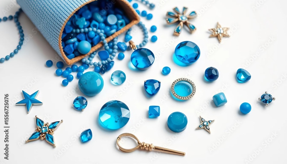 Naklejka premium Varied blue trinkets, arranged aesthetically on pristine white backdrop, white background, home decor