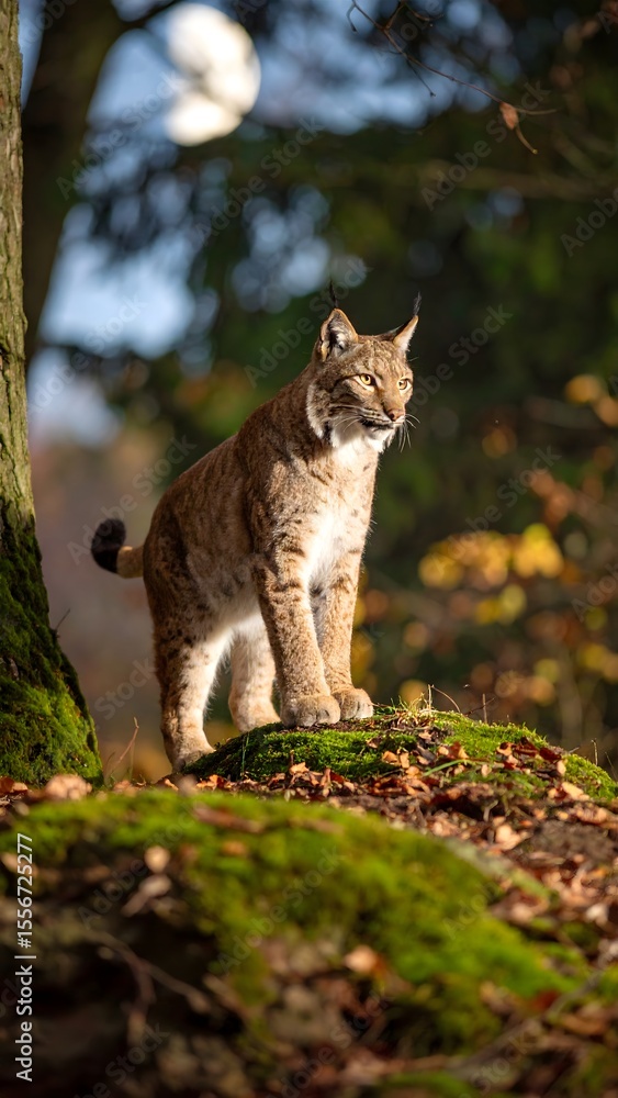 Naklejka premium Graceful lynx standing on mossy hill surrounded by lush woodland in natural habitat