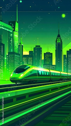Train passing through urban landscape in a brightly lit futuristic city with neon accents