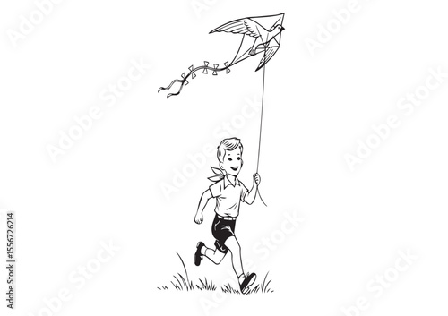 Young boy running with kite illustration on white background