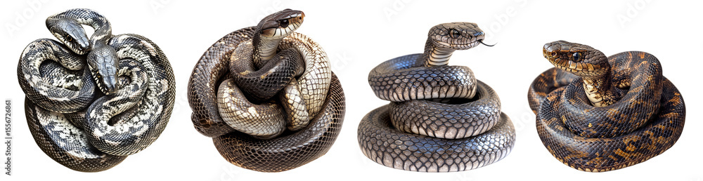Fototapeta premium Four Distinct Snake Species in Natural Poses on Isolated Background