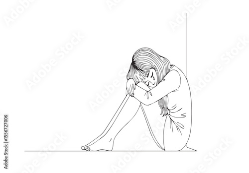 Sad girl sitting alone on white background in minimalist line art style