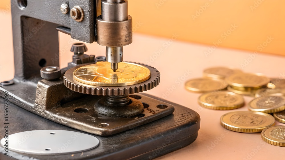 Coin press in action minting gold coin with stock overlays set on peach—industrial meets financial precision for investment advertising. Coin press in action minting gold coin with stock overlays set on peach—industrial meets financial precision for investment advertising.