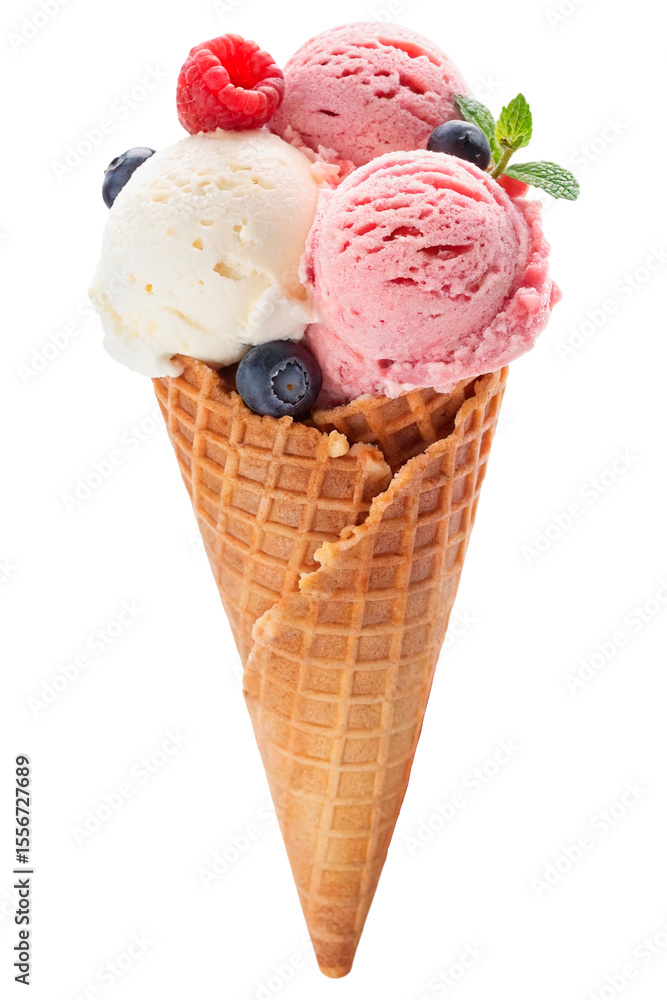 Delicious three-scoop ice cream cone with vanilla and berry flavors, decorated with strawberries, raspberries, blueberries, and fresh mint. Isolated on transparent background. Delicious three-scoop ice cream cone with vanilla and berry flavors, decorated with strawberries, raspberries, blueberries, and fresh mint. Isolated on transparent background.