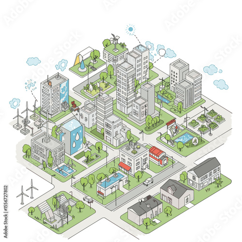 This vector image presents a smart city with modern buildings, wind turbines, and green spaces. The city is designed to be eco-friendly, with a focus on sustainability and smart technologies.