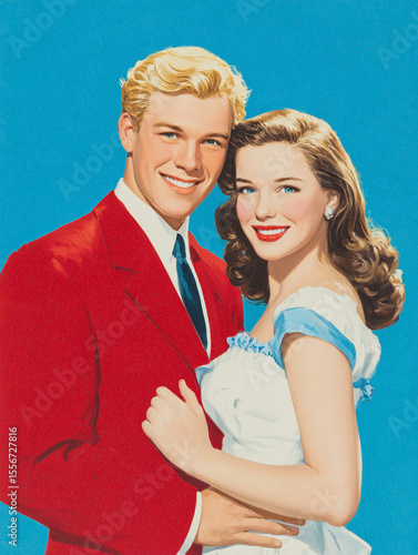 Charming Young Couple in Retro Fashion with Bright Blue Background