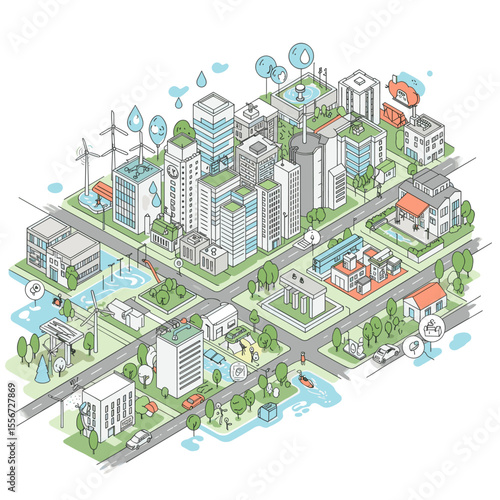 This vector image presents a smart city with modern buildings, wind turbines, and green spaces. The city is designed to be eco-friendly, with a focus on sustainability and smart technologies.