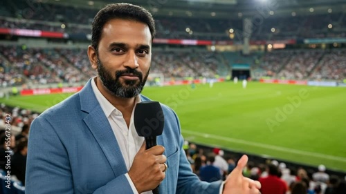 A male sports reporter holds a microphone in a stadium, with a blurred-out soccer game in the background