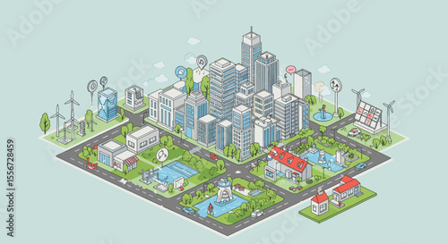 This vector image presents a smart city with modern buildings, wind turbines, and green spaces. The city is designed to be eco-friendly, with a focus on sustainability and smart technologies.