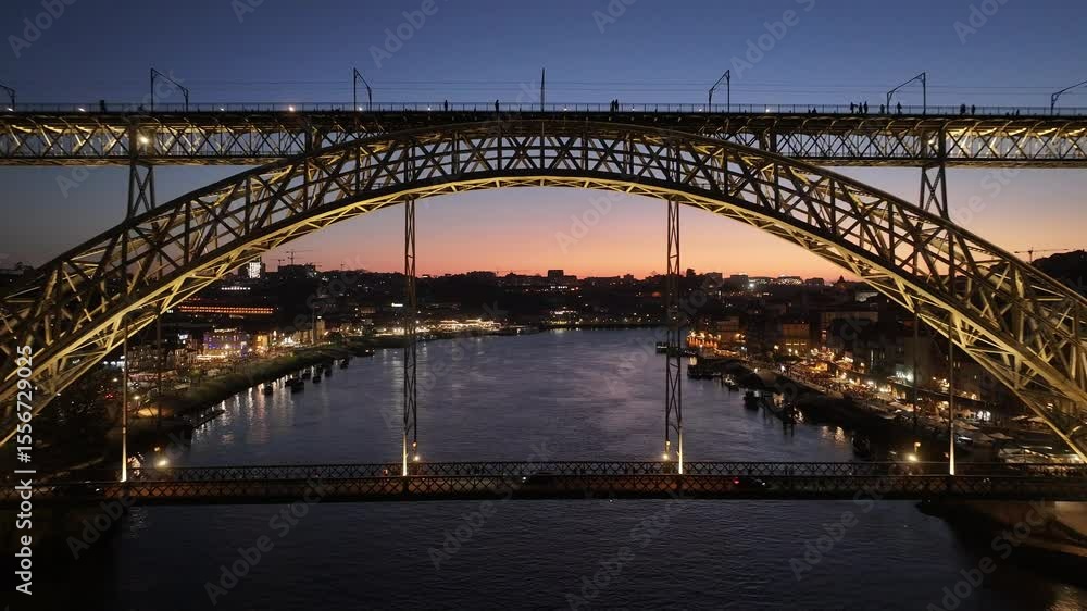 Sunset Luis I Bridge In Porto Portugal. Iconic Structure Of Bridge Connecting Landmarks Streets. Building Infrastructure Skyline Bird View Awesome. Infrastructure Cityscape Bird View. Porto Portugal. Sunset Luis I Bridge In Porto Portugal. Iconic Structure Of Bridge Connecting Landmarks Streets. Building Infrastructure Skyline Bird View Awesome. Infrastructure Cityscape Bird View. Porto Portugal.