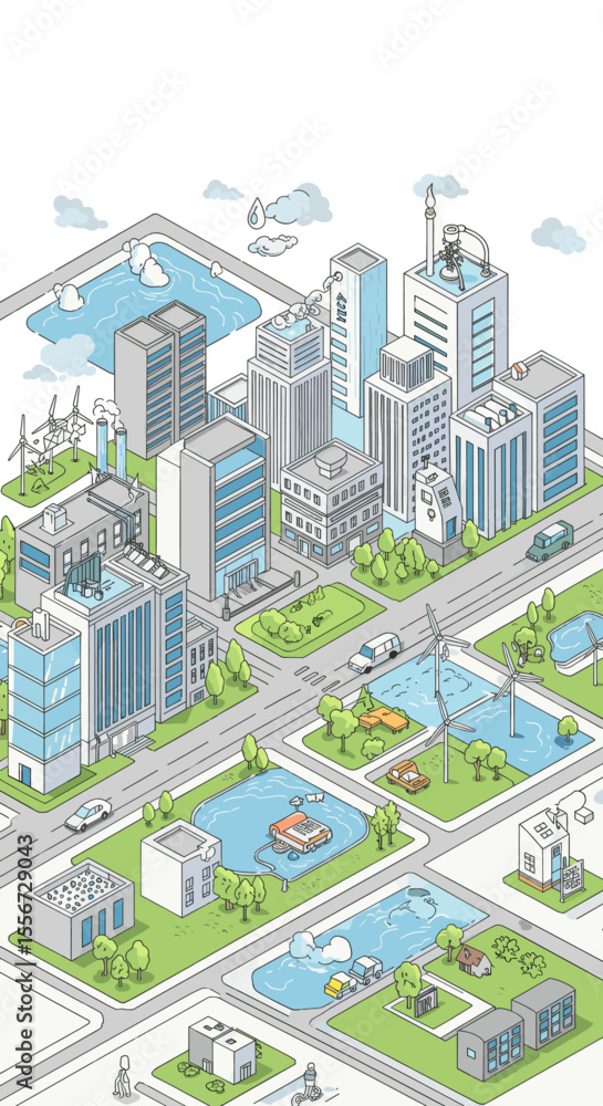Fototapeta premium This vector image presents a smart city with modern buildings, wind turbines, and green spaces.