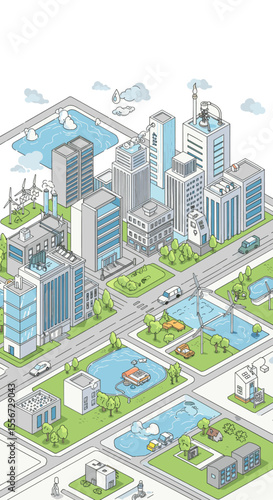 This vector image presents a smart city with modern buildings, wind turbines, and green spaces.