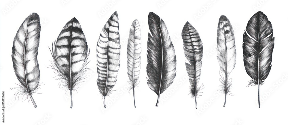 Intricate Feather Illustrations: A Black and White Study in Textural Detail Intricate Feather Illustrations: A Black and White Study in Textural Detail