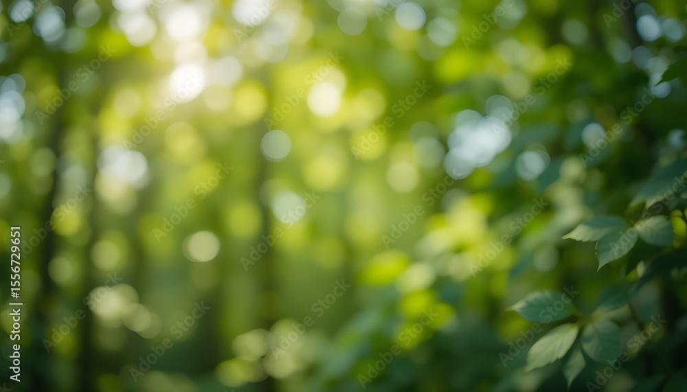 Obraz premium Blurry natural bokeh background of green forest with sunlight filtering through leaves