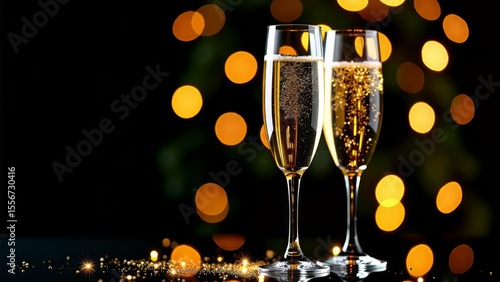 New year's eve champagne flutes with bokeh