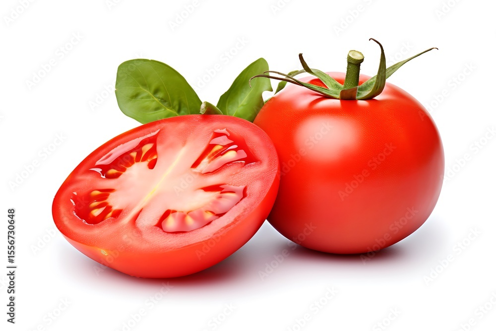 Fototapeta premium Tomato and basil isolated on white background. Clipping path included.