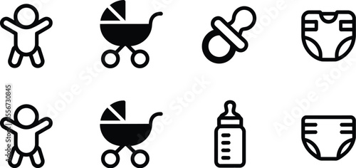 Icons showing baby related items such as stroller and baby bottle
